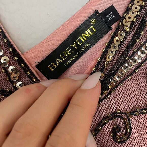 Beaded Pink Black Flapper Dress Fringe Vintage Gold Sequins Bias Cut Size M - Picture 6 of 8